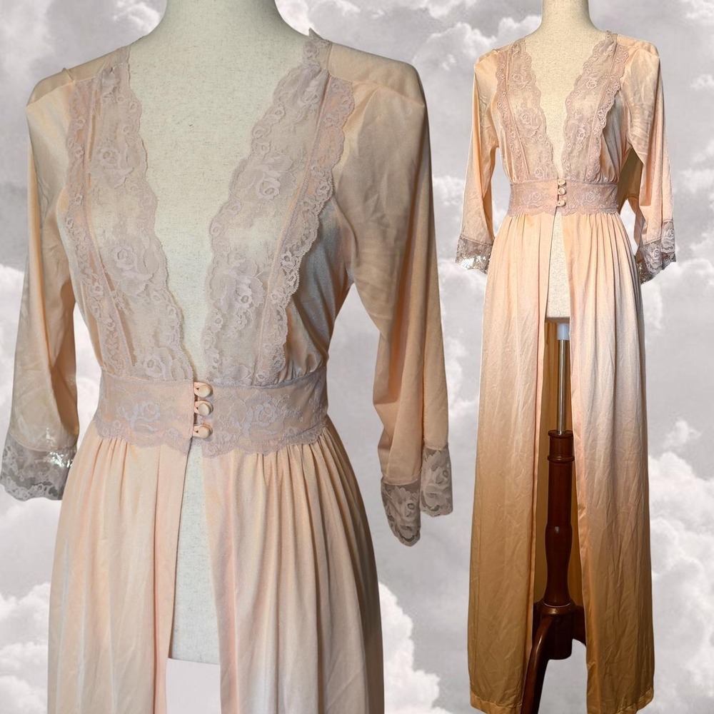 Vintage 60s pink lace satin slip night robe size M